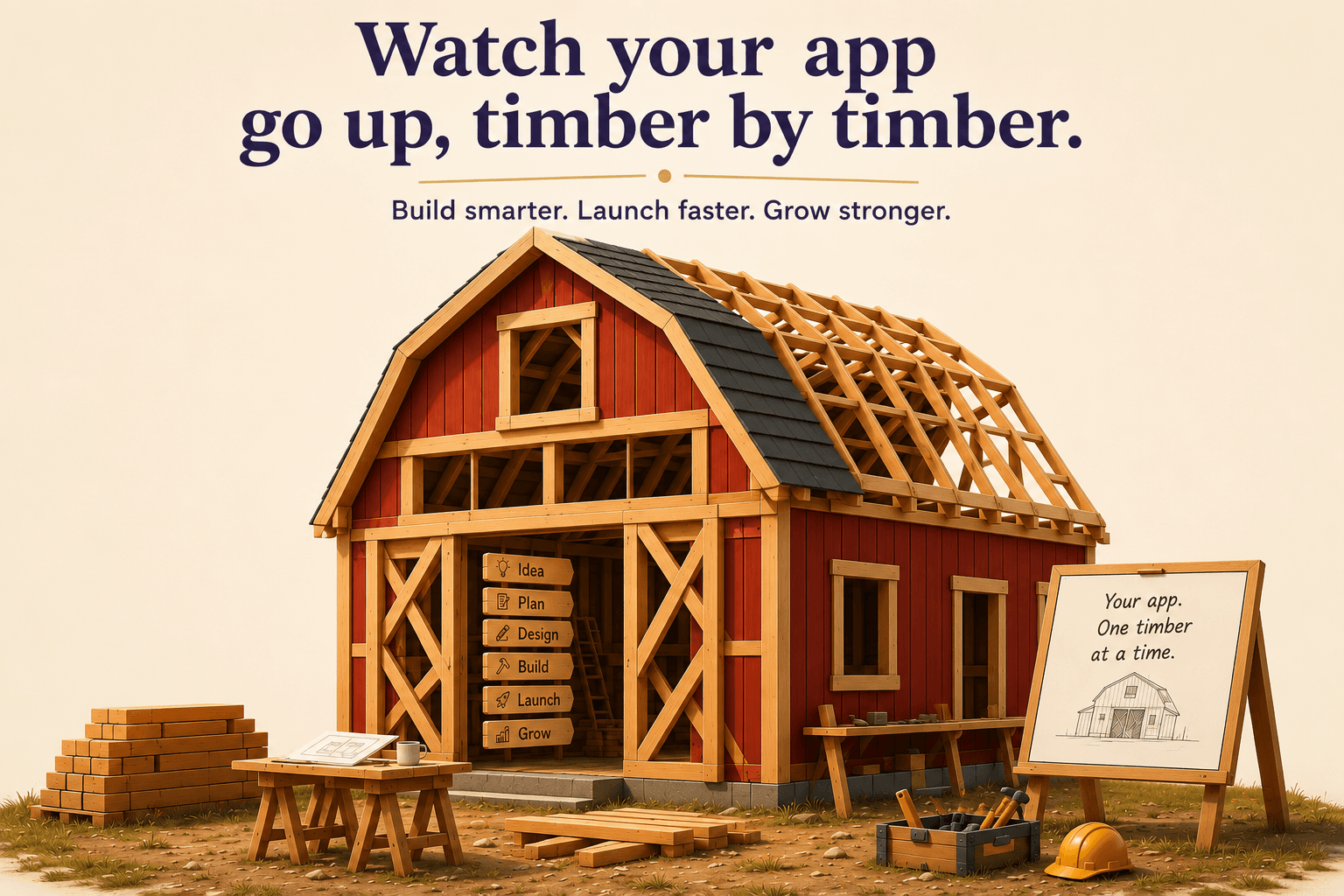A barn being raised, timber by timber, with signposts for idea, plan, design, build, launch, and grow